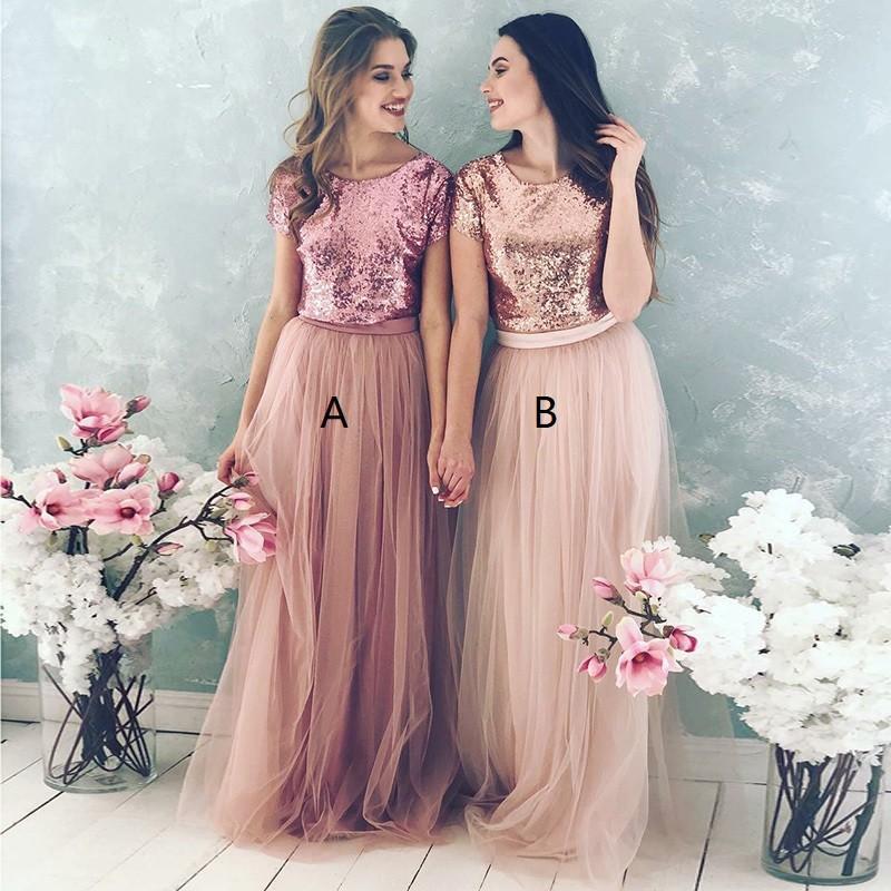 Sequin Bodice Tulle Skirt Cheap Long Bridesmaid Dresses With Sleeves, WG218