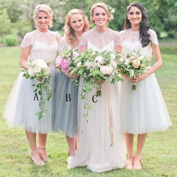 A-Line Round Neck Cap Sleeves Light Grey Tulle Short Cheap Bridesmaid Dresses with Lace, QB0034