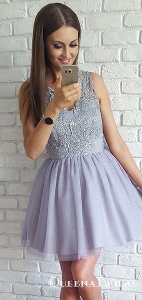 A-line Scoop Neck Tulle Short/Mini Appliques Lace Homecoming Dresses, QB0837