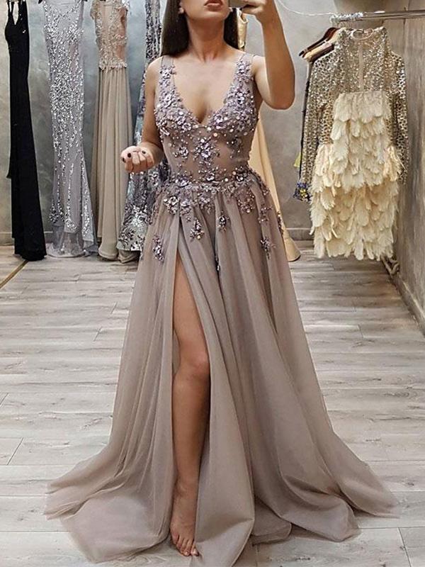 Sexy V-Neck See Through Grey Side Slit Lace Long Evening Prom Dresses, QB0400