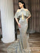 Newest High Neck Off-The-Shoulder Ruffles Sleeveless Long Cheap Mermaid Silver Sequin Prom Dresses, QB0922