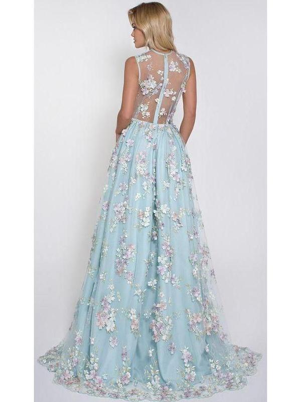 Sky Blue Floral Prom Dresses See Through Embroidery Formal Dress Evening Gowns, QB0284
