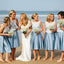 Elegant Round Neck Sky Blue Short Cheap Satin Bridesmaid Dresses with Lace, QB0169