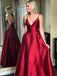 Spaghetti Strap Burgundy Prom Dresses with Pocket V-neck Evening Ball Gowns, QB0288