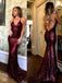 Spaghetti Strap V-neck Burgundy Sequins Sexy Mermaid Prom Dresses, QB0271