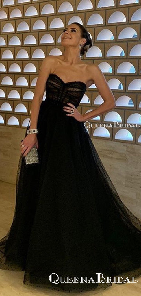 Sweetheart Sleeveless Charming Black Tulle A-line Long Cheap Formal Party Evening Prom Dresses, PDS0065