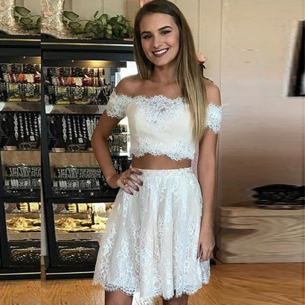 Two Piece Off-Shoulder Lace Short Cheap White Homecoming Dresses, QB0175