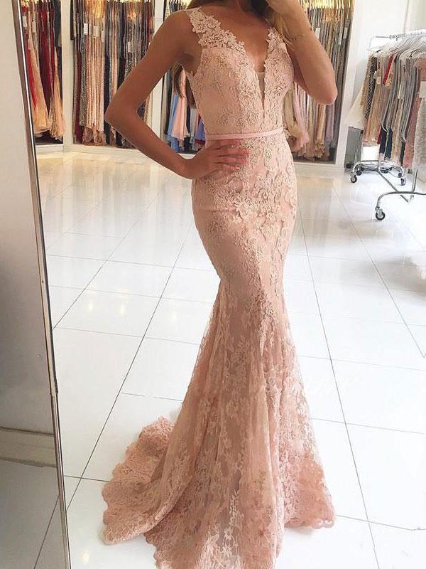 V-neck Mermaid Lace Long Prom Dresses with Sweep Train, QB0319