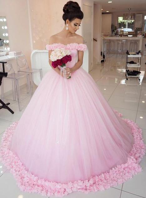 Off the Shoulder Vintage Pink Ball Gown Wedding Dresses, QB0263