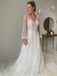 Long Sleeves V-neck Ivory Sequin Lace Backless Long Cheap Wedding Dresses, WDS0054