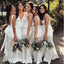 Charming Mermaid White V-neck Split Backless Bridesmaid Dresses, QB0643