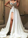 A-Line Spaghetti Straps Long White Satin Prom Dresses with Appliques Split, QB0531