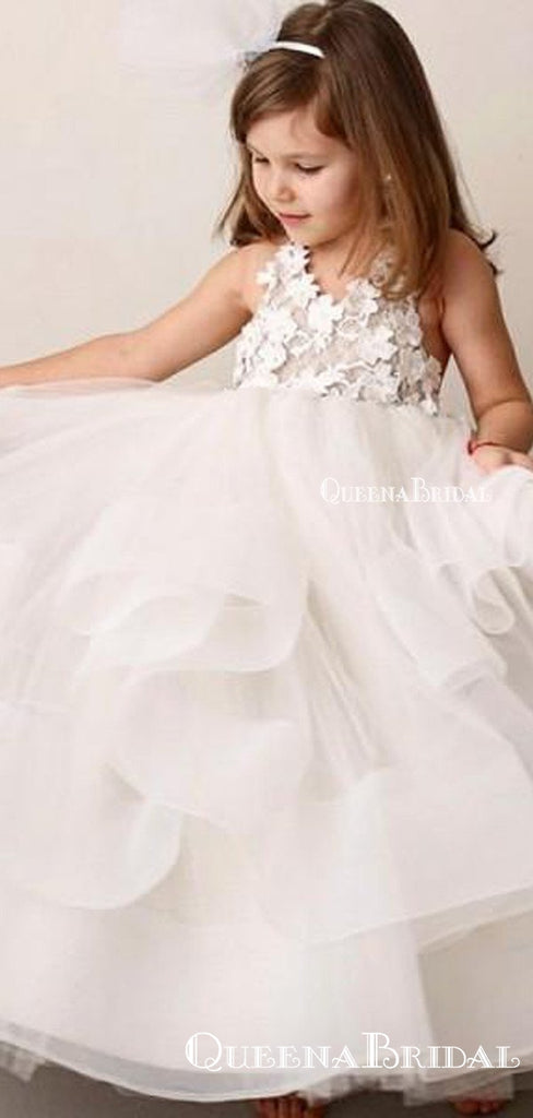 A-Line Round Neck Tiered White Organza Flower Girl Dresses with Lace Applique, QB0076