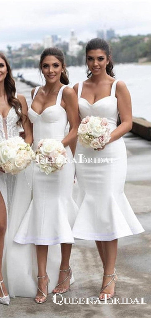 Square White Mermaid Tea-Length Cheap Bridesmaid Dresses, BDS0092