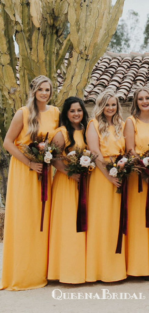Elegant Charming Yellow Round Neck Sleeveless Long Cheap Wedding Party Bridesmaid Dresses, QB0914