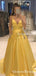 A-line Yellow Satin Spaghetti Strap Sleeveless Long Cheap Charming Prom Dresses With Pocket Beads, PDS0002