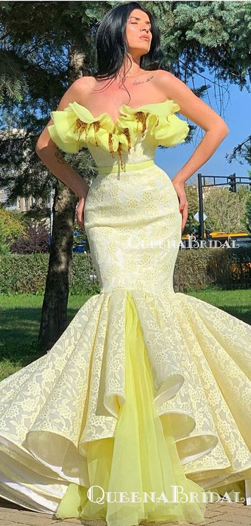 2020 Arabic Yellow Lace Dubai Srtapless Mermaid Long Party Gowns Evening Formal Prom Dresses, PDS0031